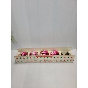 5 MCM Vintage Christmas Tree Ornaments, Assorted Stenciled Pink Bulbs
